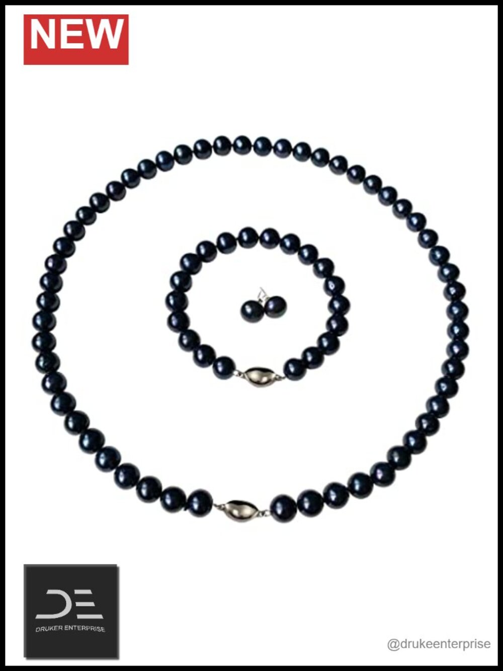 Genuine Cultured Freshwater Black Pearl Jewelry Set Necklace Bracelet Earrings